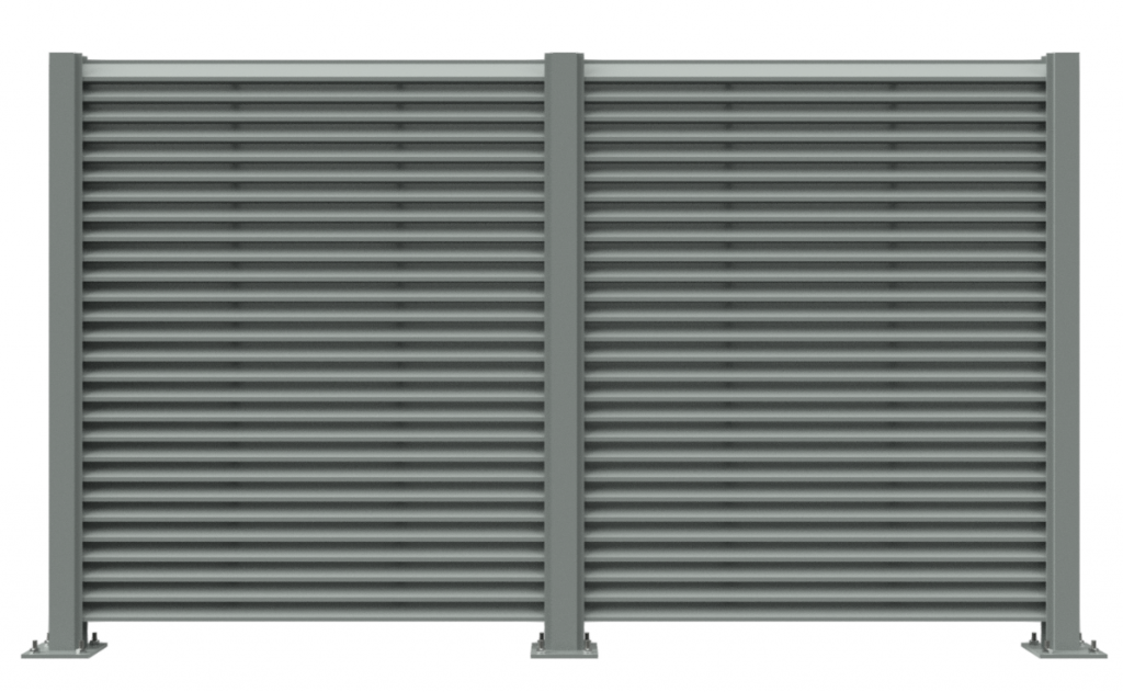 architectural mechanical screening screen louvered semi private private solid staggered board on board shadow box alternating ametco barnett and bates industrial louvers rooftop louvers beta orsogrill omega chillers generators truck wells outside storage condensors rooftop equipment patios trash dumpsters transformers HVAC courtyards pool equipment fence aluminum galvanized steel degree of openness direct visibility standalone wall louvers 